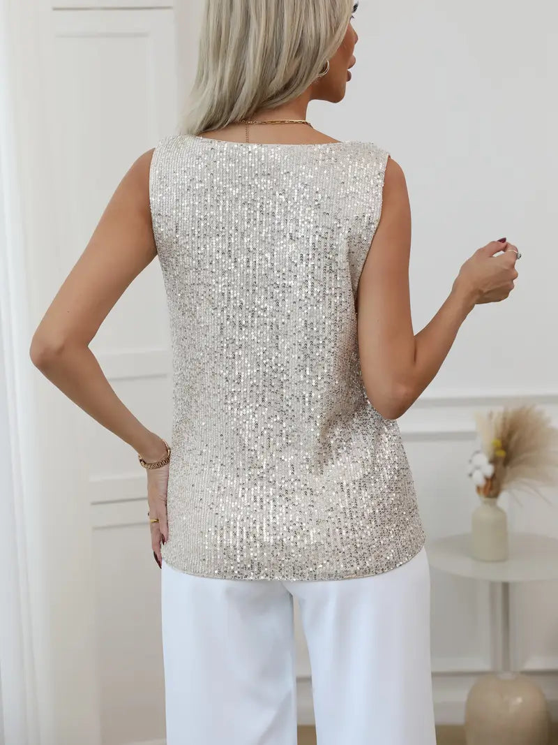 NOUVEAU RICHE Damen-V-Ausschnitt-Glitzer-Top mit Pailletten und glitzernden Details