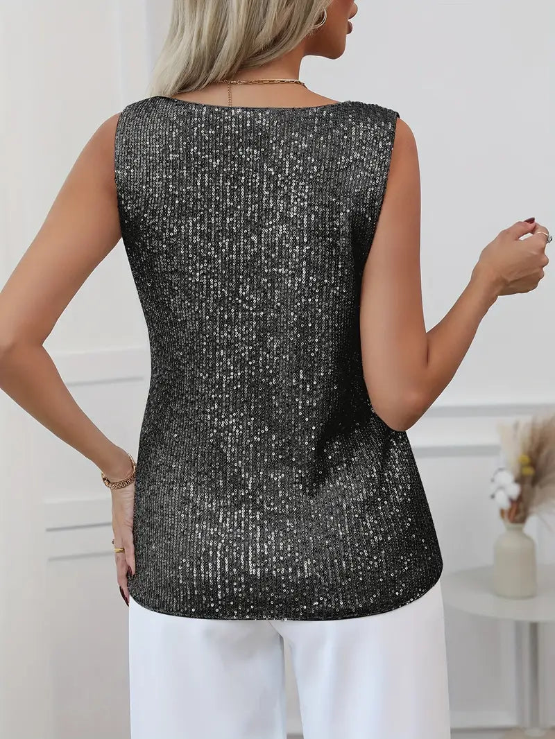 NOUVEAU RICHE Damen-V-Ausschnitt-Glitzer-Top mit Pailletten und glitzernden Details