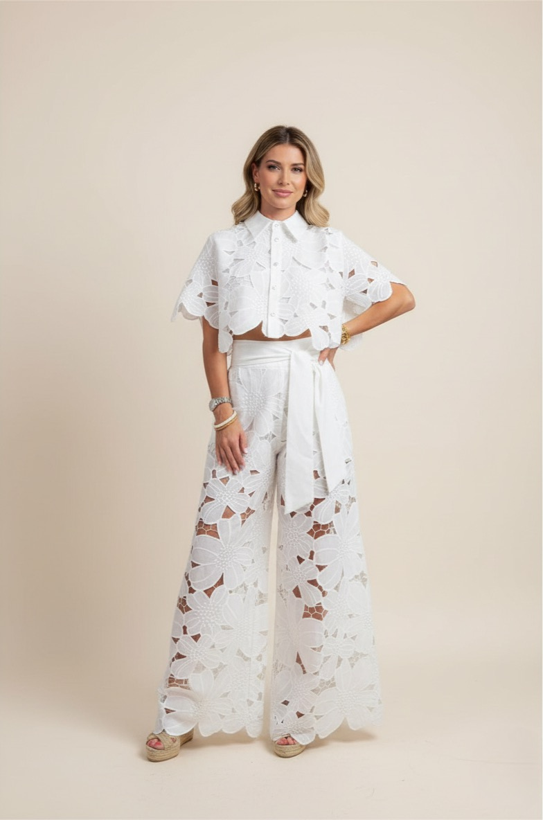 NOUVEAU RICHE Zweiteiliges Damen-Sommerset – Blumenmuster & luftige Stickerei Weiß