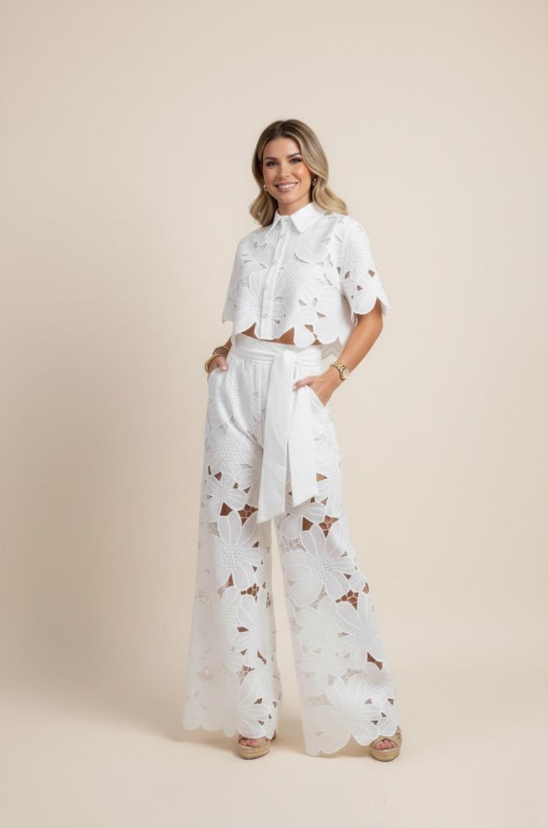 NOUVEAU RICHE Zweiteiliges Damen-Sommerset – Blumenmuster & luftige Stickerei
