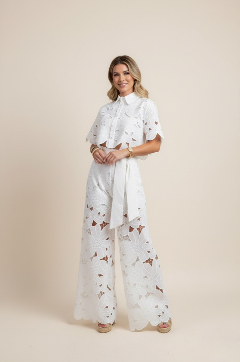 NOUVEAU RICHE Zweiteiliges Damen-Sommerset – Blumenmuster & luftige Stickerei