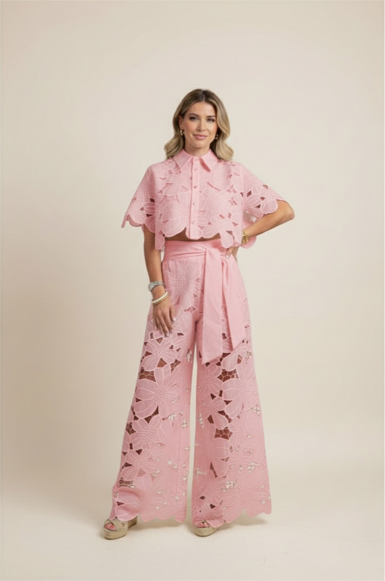 NOUVEAU RICHE Zweiteiliges Damen-Sommerset – Blumenmuster & luftige Stickerei Rosa