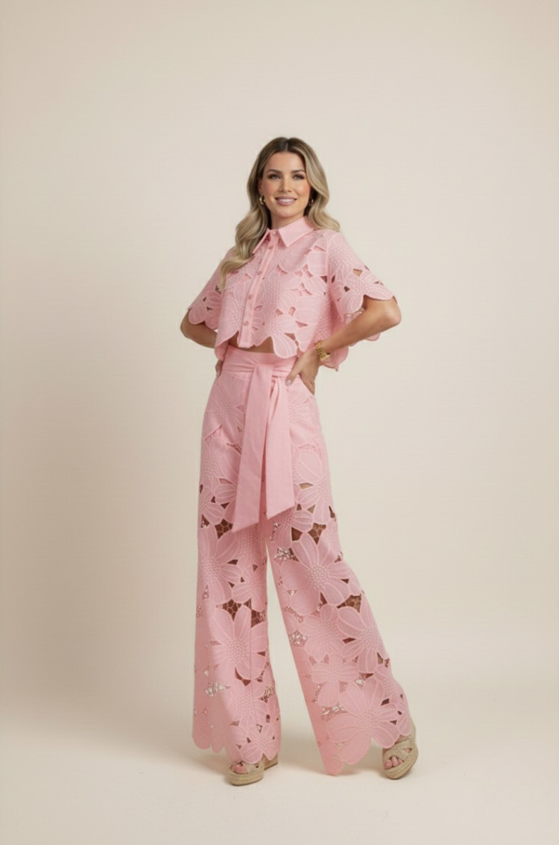 NOUVEAU RICHE Zweiteiliges Damen-Sommerset – Blumenmuster & luftige Stickerei