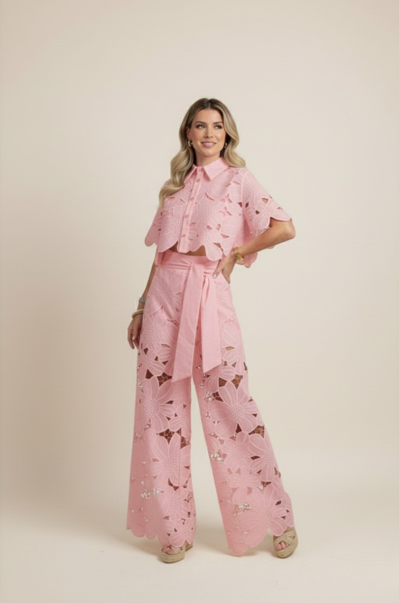 NOUVEAU RICHE Zweiteiliges Damen-Sommerset – Blumenmuster & luftige Stickerei