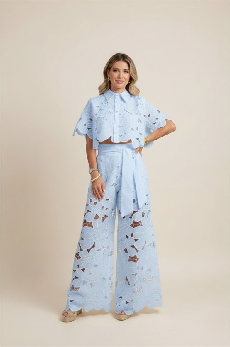 NOUVEAU RICHE Zweiteiliges Damen-Sommerset – Blumenmuster & luftige Stickerei Blau
