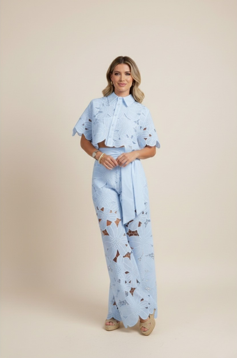 NOUVEAU RICHE Zweiteiliges Damen-Sommerset – Blumenmuster & luftige Stickerei