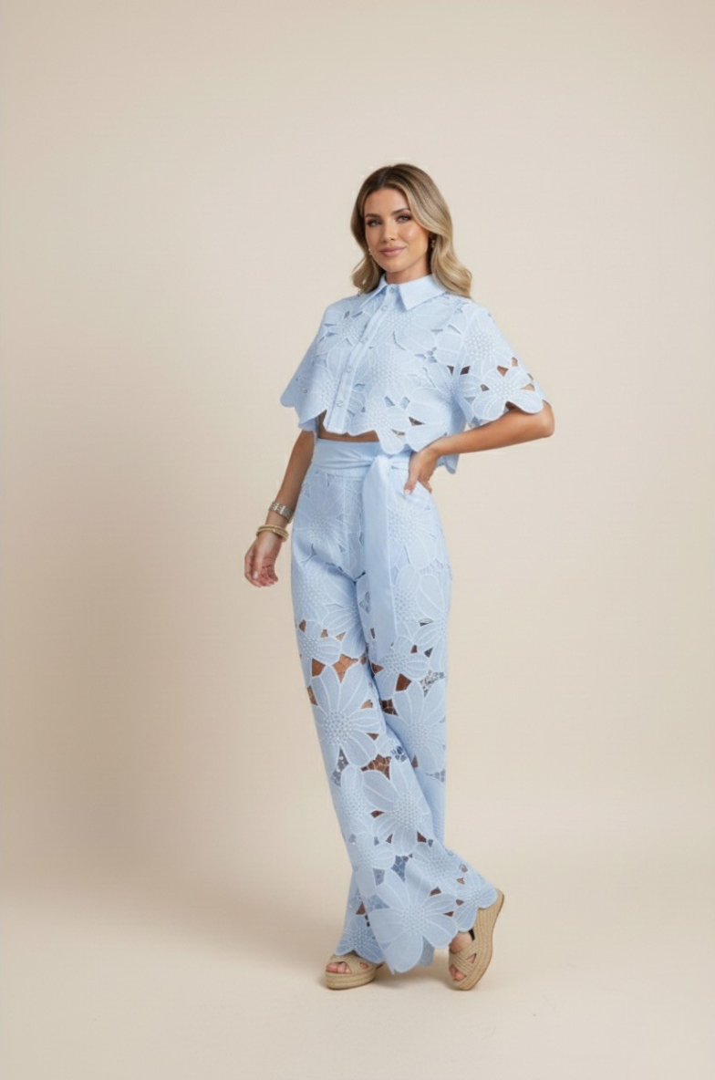 NOUVEAU RICHE Zweiteiliges Damen-Sommerset – Blumenmuster & luftige Stickerei