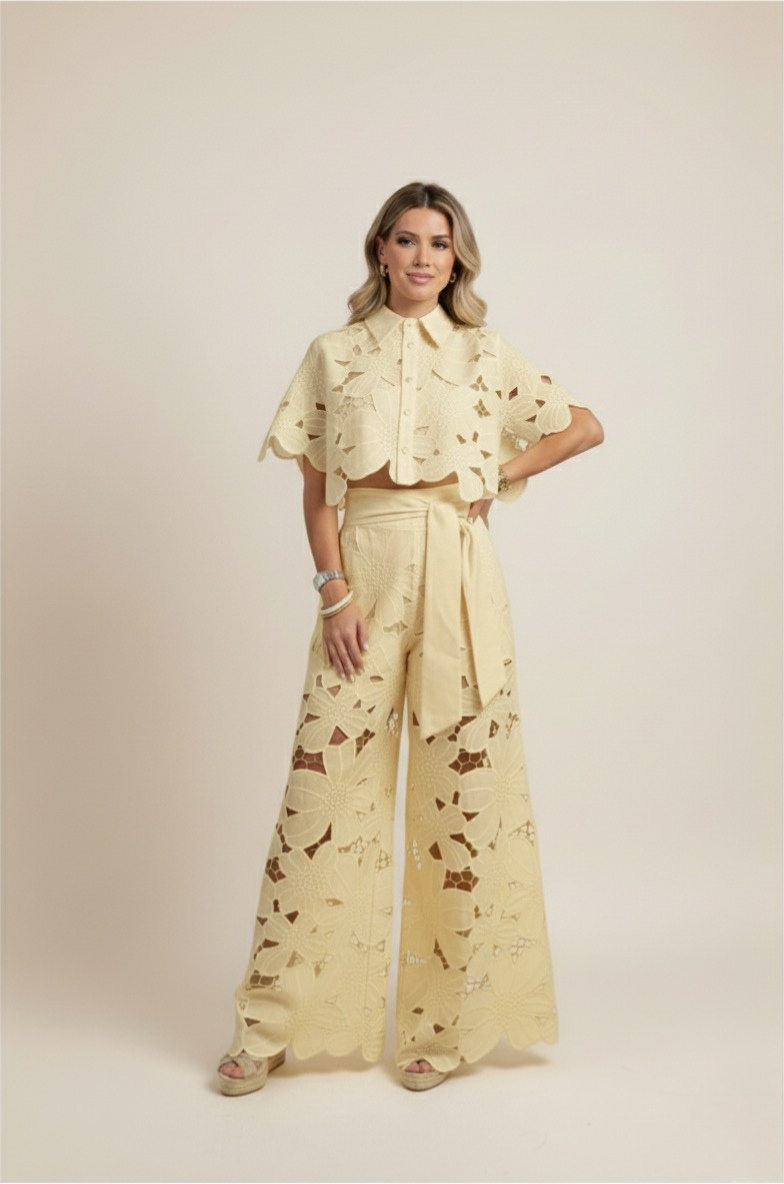 NOUVEAU RICHE Zweiteiliges Damen-Sommerset – Blumenmuster & luftige Stickerei Gelb