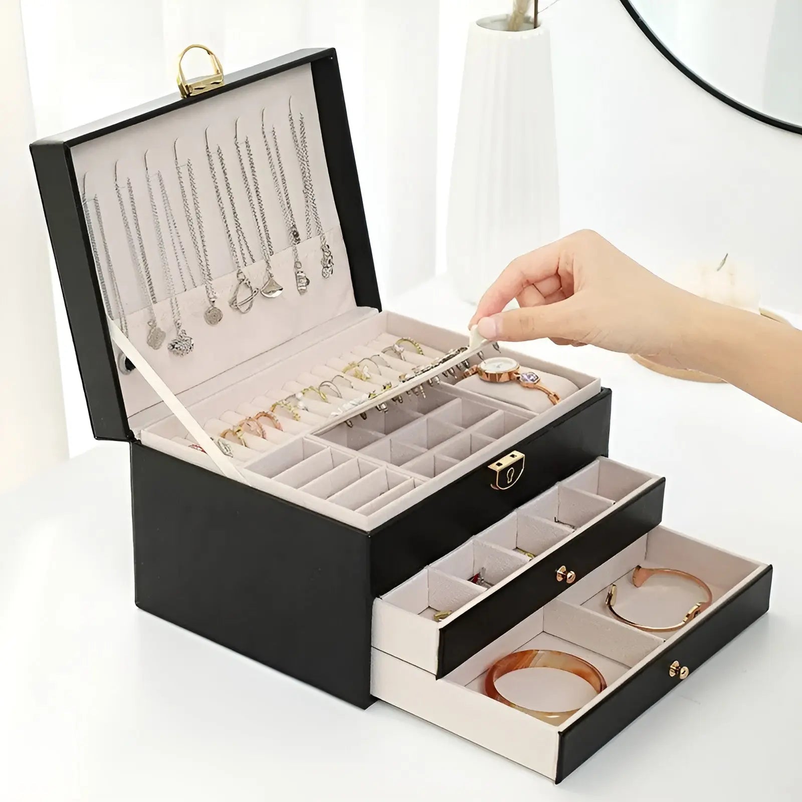NOUVEAU RICHE Luxuriöse Mehrschichtige Schmuckbox PU-Leder Geräumige Fächer