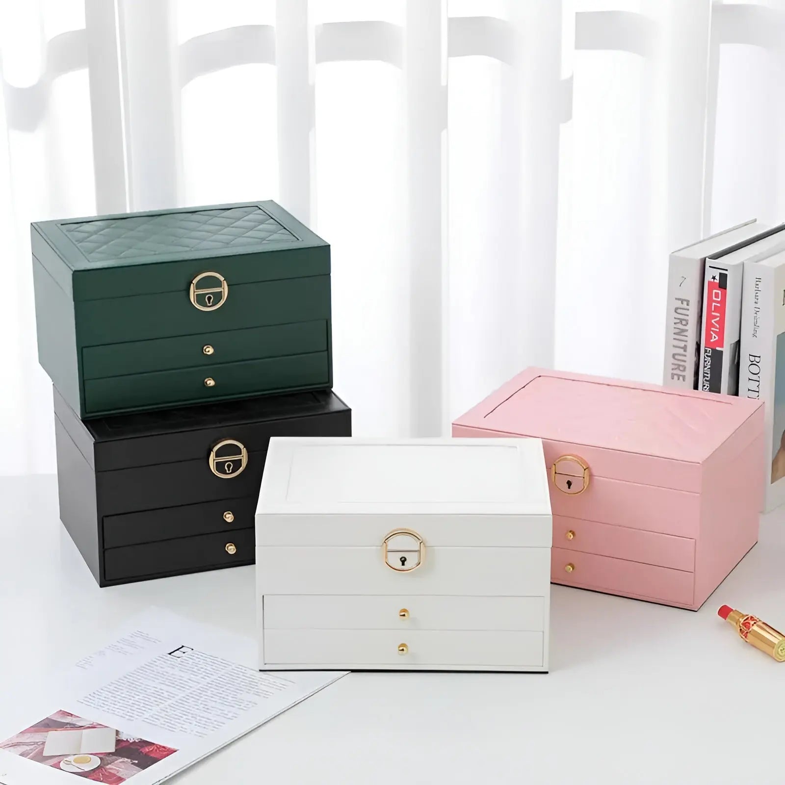 NOUVEAU RICHE Luxuriöse Mehrschichtige Schmuckbox PU-Leder Geräumige Fächer