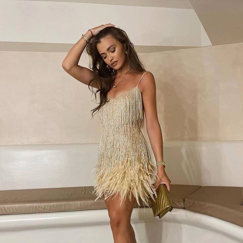 NOUVEAU RICHE Luxuriöses Minikleid Mit Federn Für Partys Glamour Gold