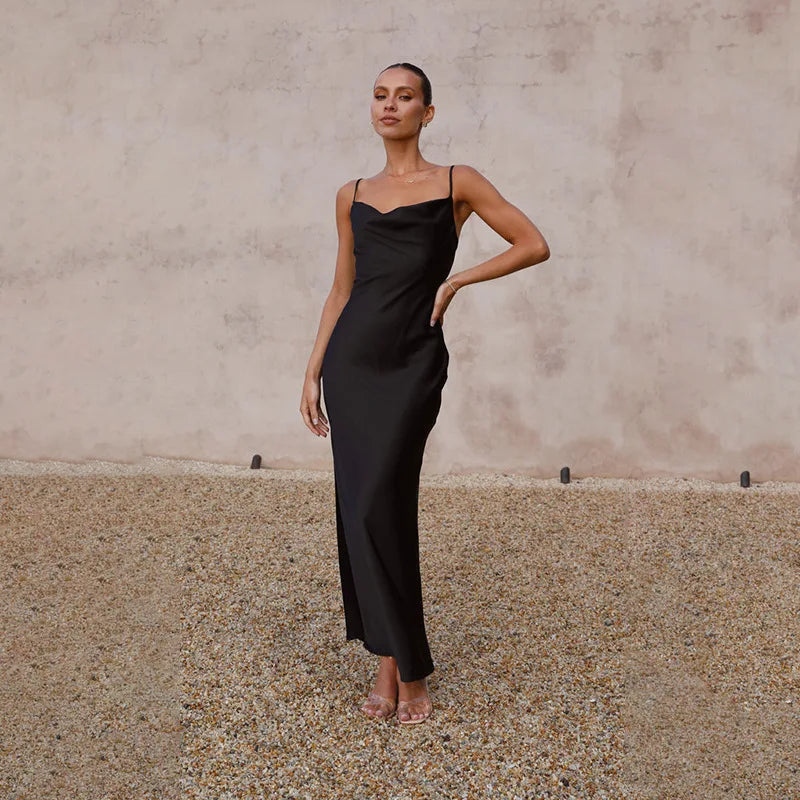 NOUVEAU RICHE Luxuriöses Rückenfreies Satin-Hochzeitsgastkleid Für Damen Schwarz