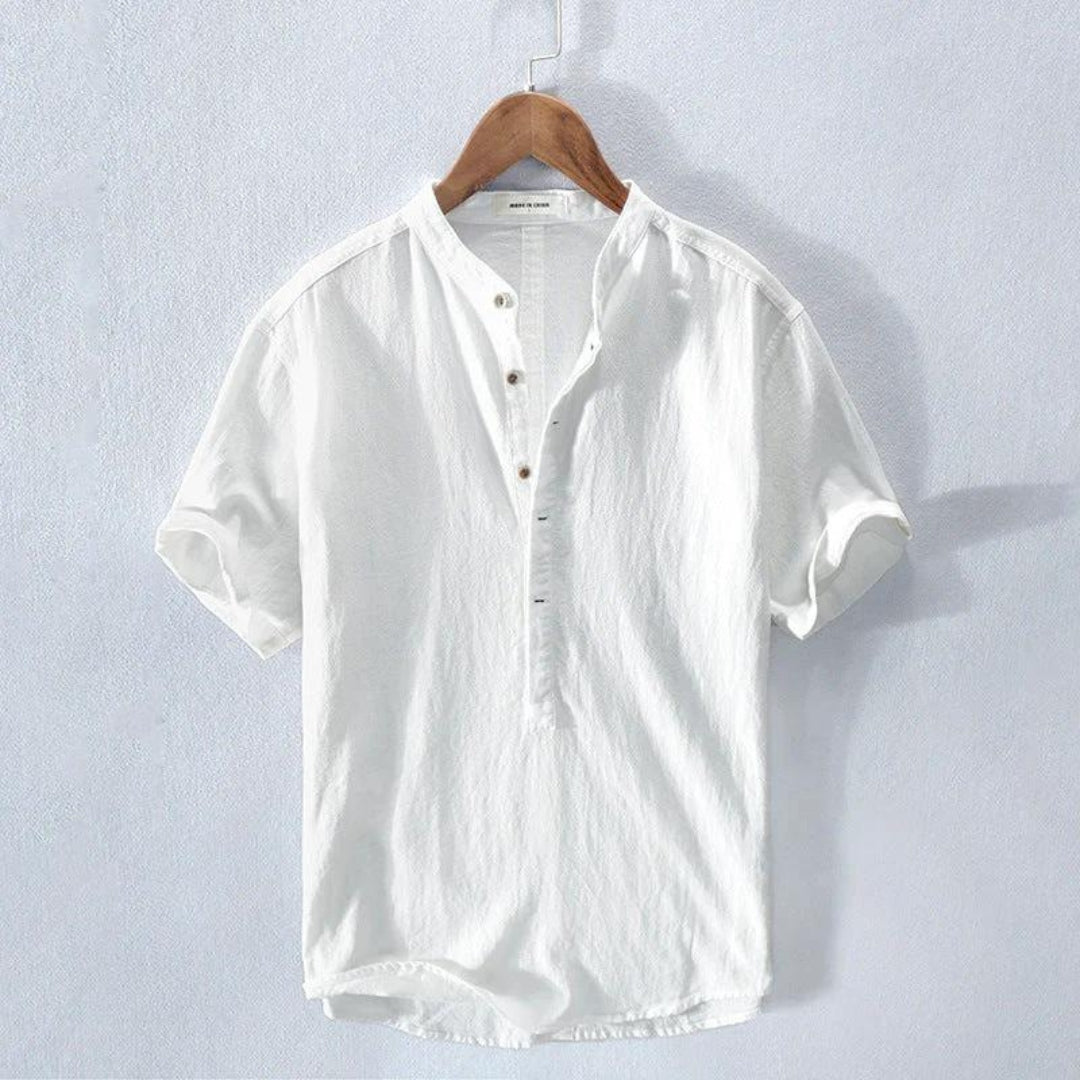 NOUVEAU RICHE Luxuriöses Amalfi Hemd Kurzarm Sommer Baumwollmix Henley Weiß