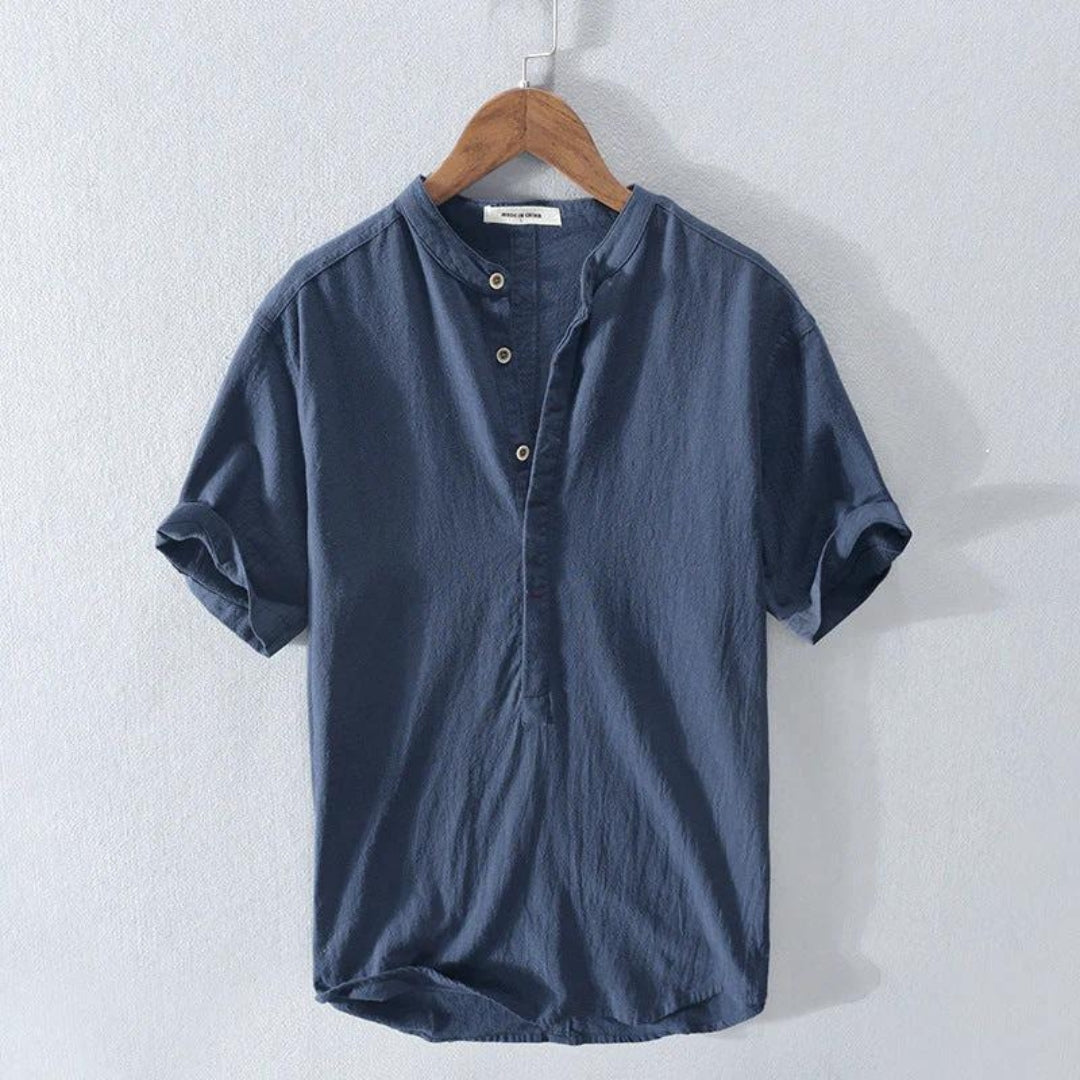 NOUVEAU RICHE Luxuriöses Amalfi Hemd Kurzarm Sommer Baumwollmix Henley Dunkelblau