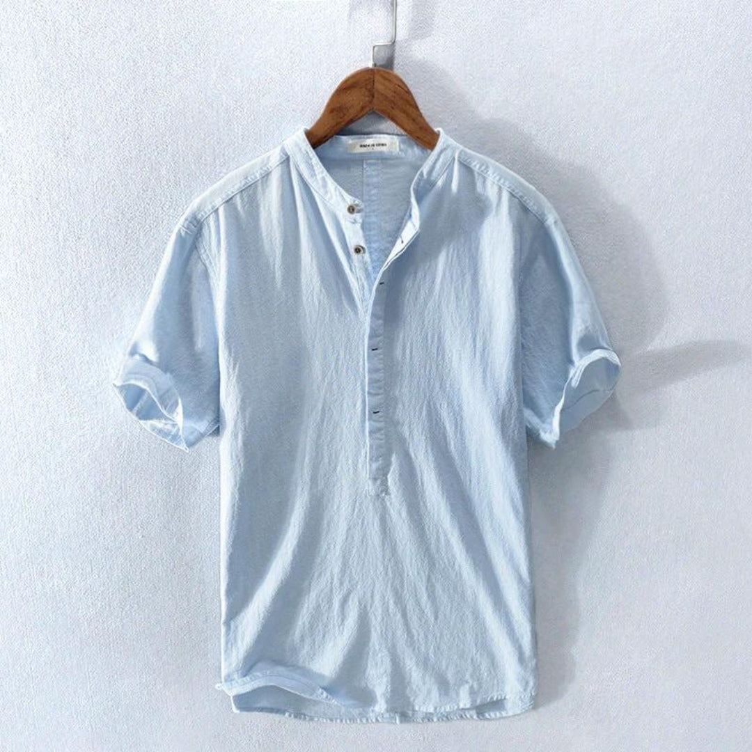 NOUVEAU RICHE Luxuriöses Amalfi Hemd Kurzarm Sommer Baumwollmix Henley Hellblau