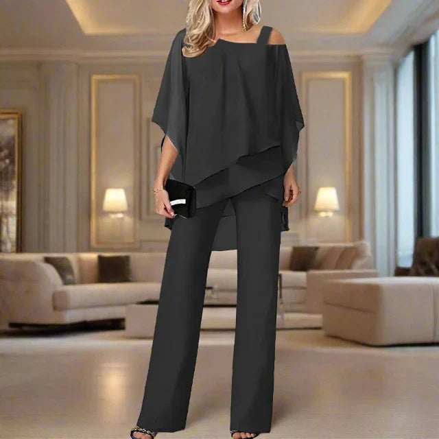 NOUVEAU RICHE Chiffon Set Schulterfrei Mit Eleganten Palazzo Hosen Schwarz