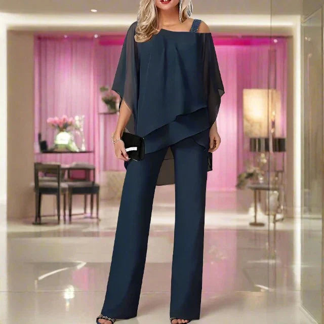 NOUVEAU RICHE Chiffon Set Schulterfrei Mit Eleganten Palazzo Hosen Marineblau