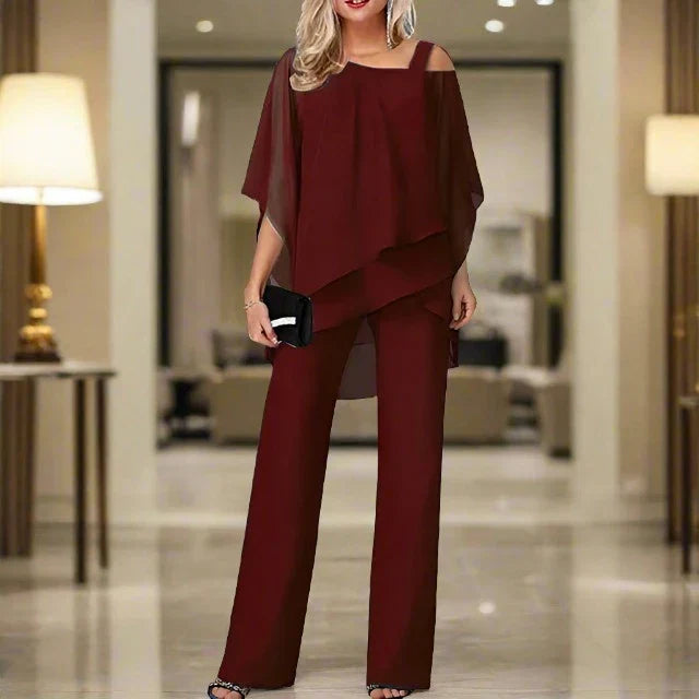 NOUVEAU RICHE Chiffon Set Schulterfrei Mit Eleganten Palazzo Hosen Rot