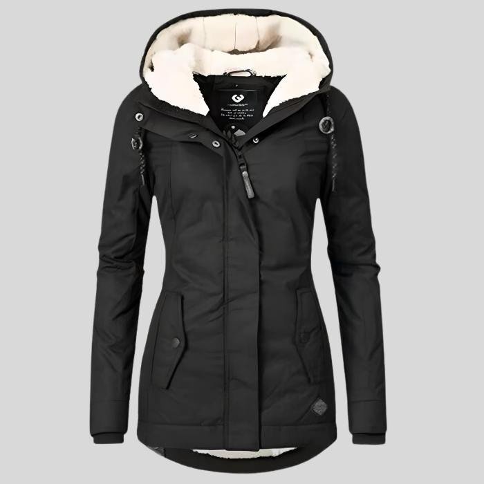 NOUVEAU RICHE Flōre | Lange und dicke Wintermanteljacke mit Kapuze und Innenimitat Schwarz