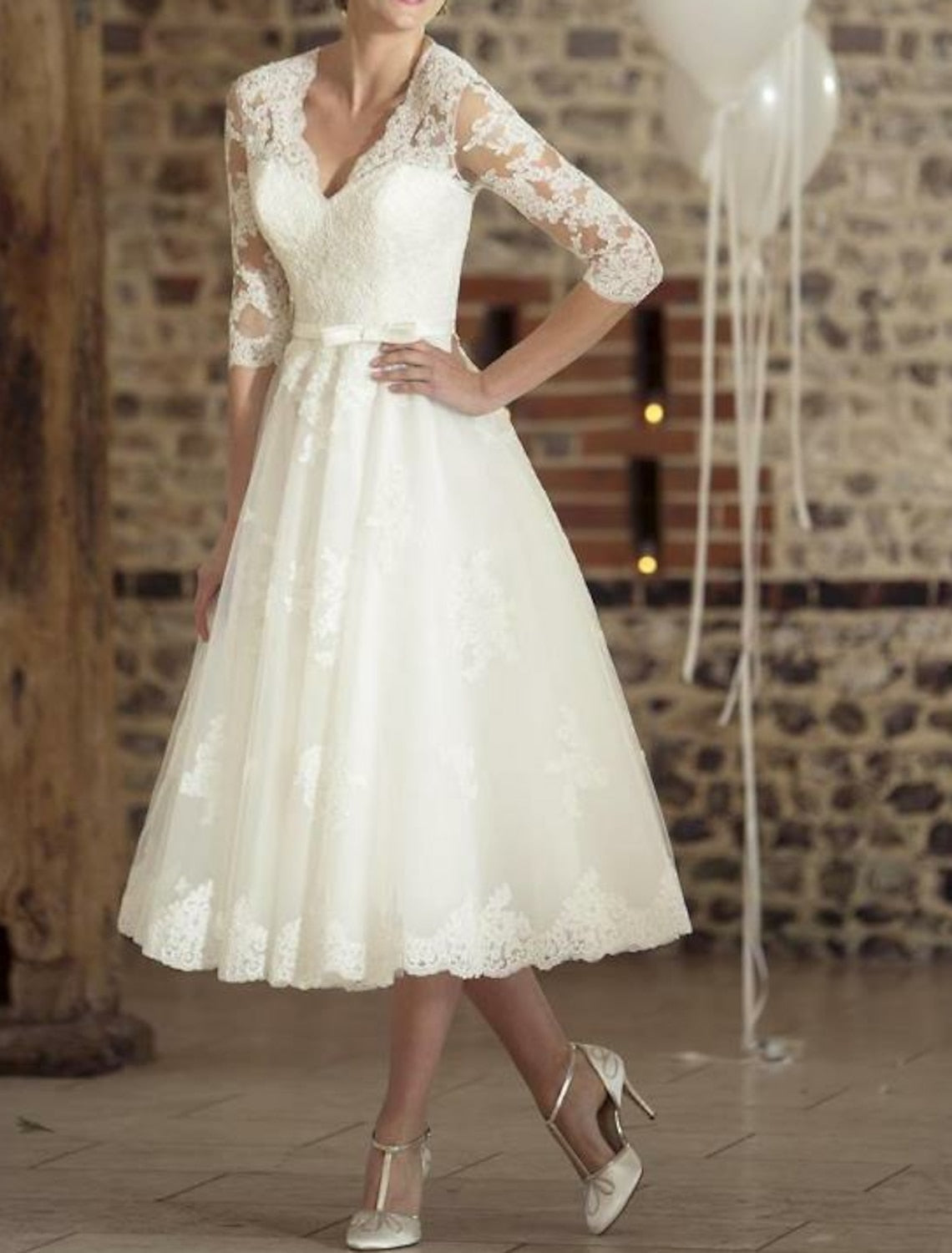 NOUVEAU RICHE Damen Jahrgang 3/4 Ärmel Brautkleid Midi Zeitlose Eleganz Elfenbein