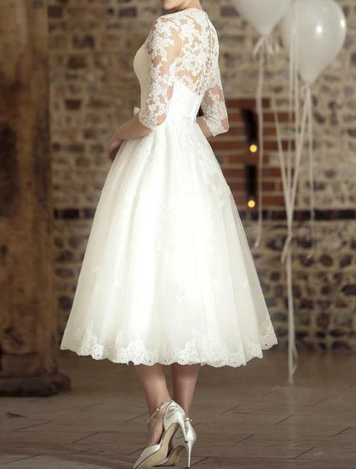 NOUVEAU RICHE Damen Jahrgang 3/4 Ärmel Brautkleid Midi Zeitlose Eleganz