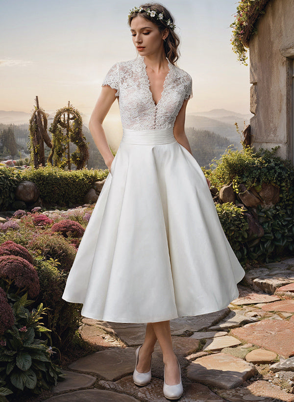 NOUVEAU RICHE Damen Elegante V-Ausschnitt Brautkleid Midi Midi Midi Weiß