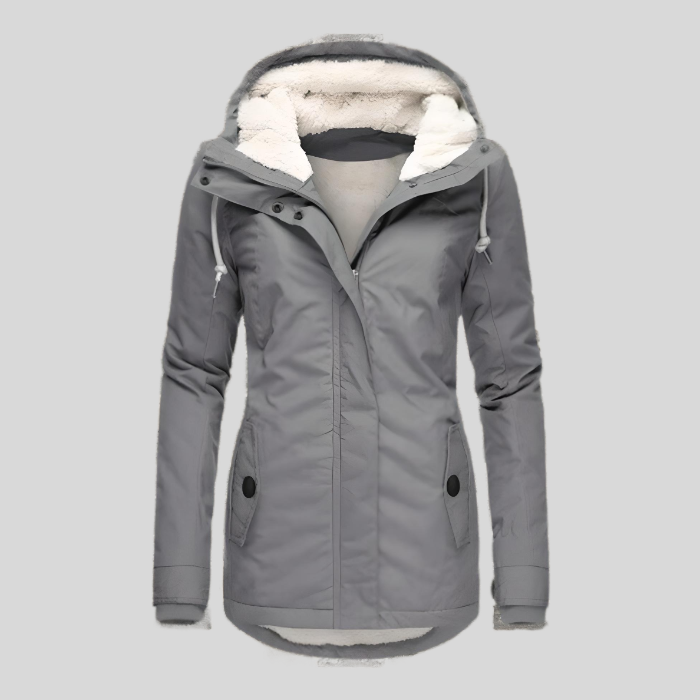 NOUVEAU RICHE Flōre | Lange und dicke Wintermanteljacke mit Kapuze und Innenimitat Grau