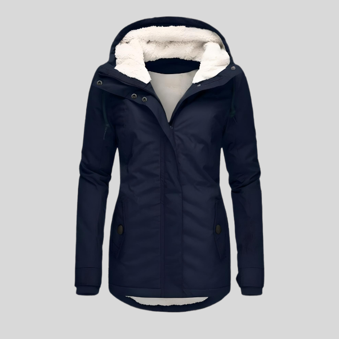 NOUVEAU RICHE Flōre | Lange und dicke Wintermanteljacke mit Kapuze und Innenimitat Marineblau