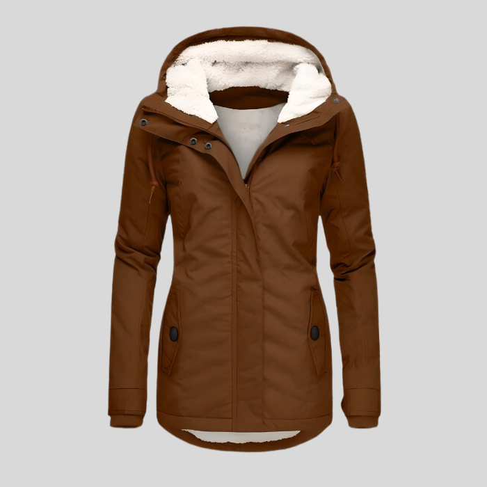 NOUVEAU RICHE Flōre | Lange und dicke Wintermanteljacke mit Kapuze und Innenimitat Braun
