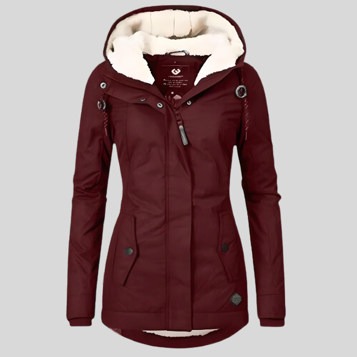 NOUVEAU RICHE Flōre | Lange und dicke Wintermanteljacke mit Kapuze und Innenimitat Weinrot