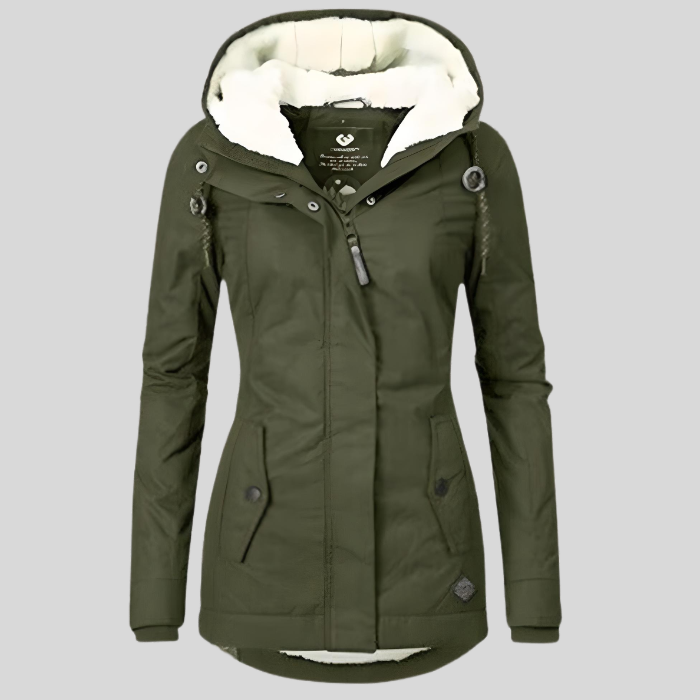 NOUVEAU RICHE Flōre | Lange und dicke Wintermanteljacke mit Kapuze und Innenimitat Armeegrün