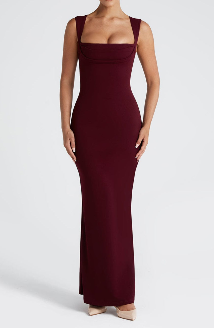 NOUVEAU RICHE Maxikleid Kirschlack Mit Quadratischem Ausschnitt Und Plissee