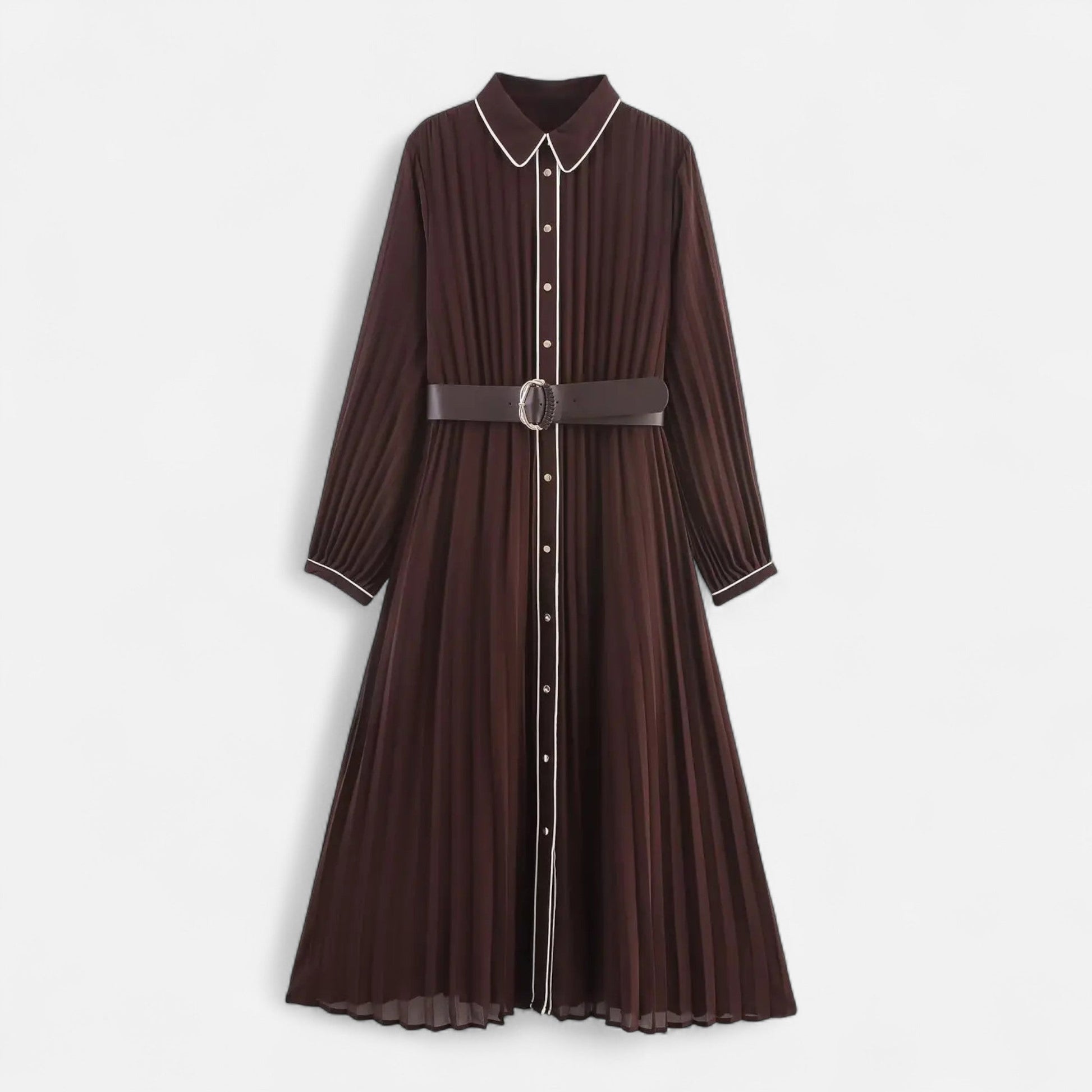 NOUVEAU RICHE Damen Chiffon-Midikleid – Umlegekragen & Elegante Falten Braun