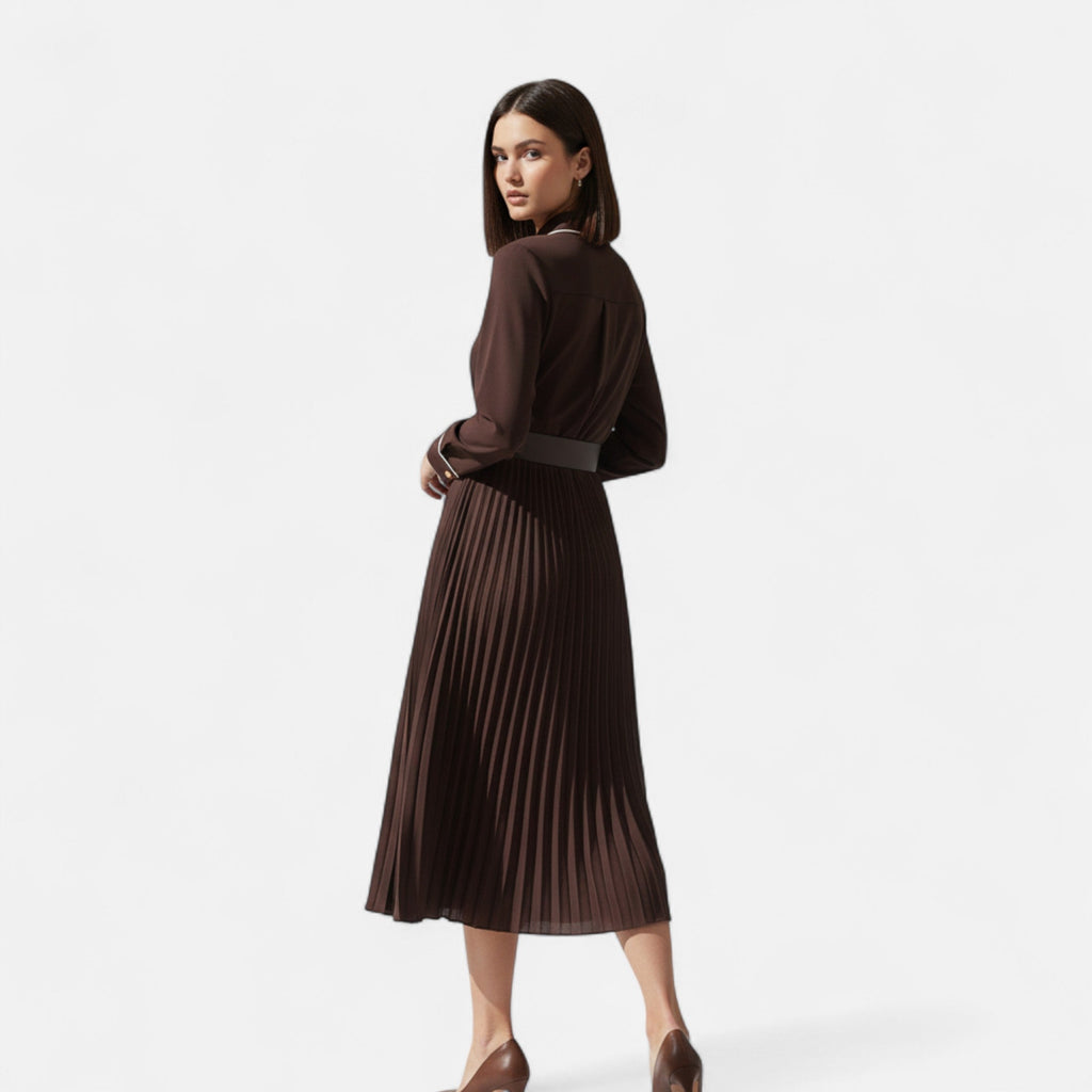 NOUVEAU RICHE Damen Chiffon-Midikleid – Umlegekragen & Elegante Falten