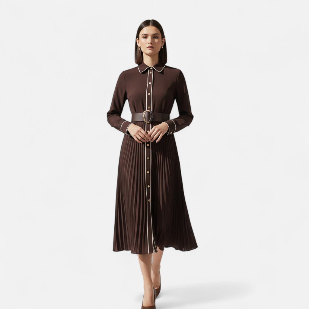 NOUVEAU RICHE Damen Chiffon-Midikleid – Umlegekragen & Elegante Falten