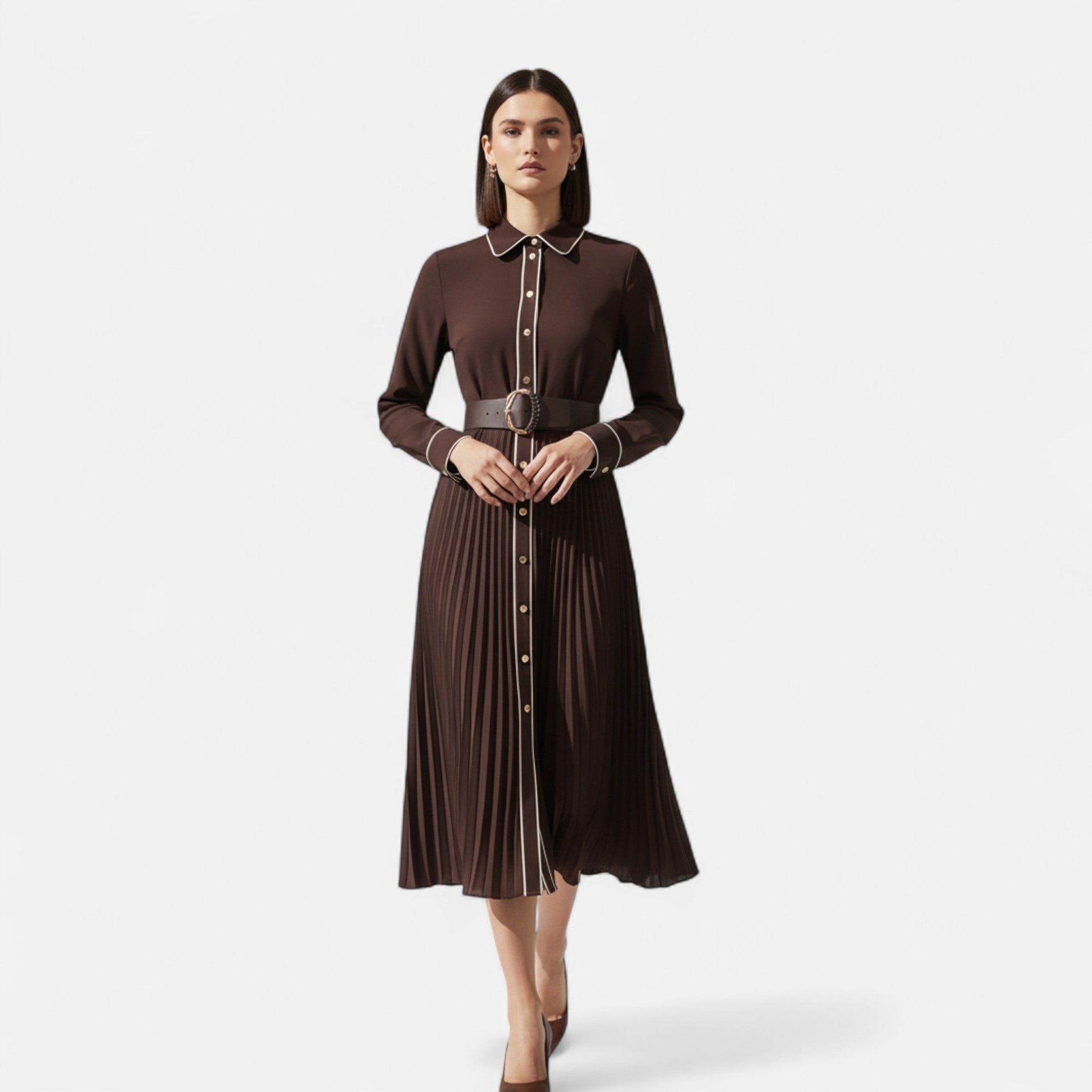 NOUVEAU RICHE Damen Chiffon-Midikleid – Umlegekragen & Elegante Falten