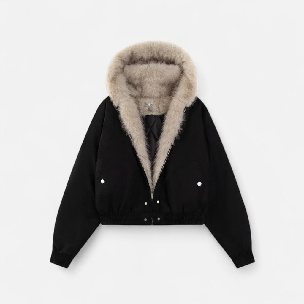 NOUVEAU RICHE Damen Wintermantel Vintage – Mit Kapuze & Pelzkragen Schwarz