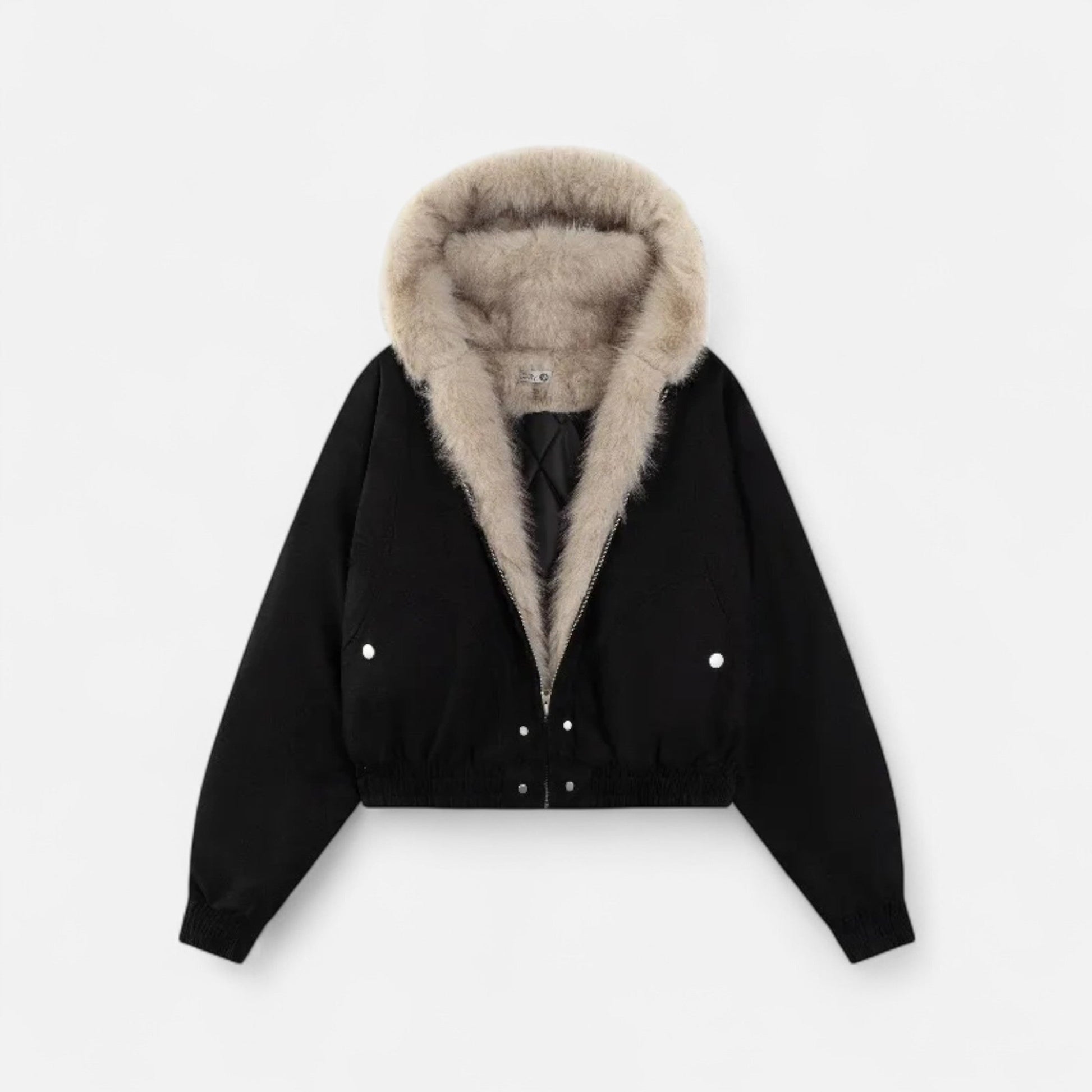 NOUVEAU RICHE Damen Wintermantel Vintage – Mit Kapuze & Pelzkragen Schwarz