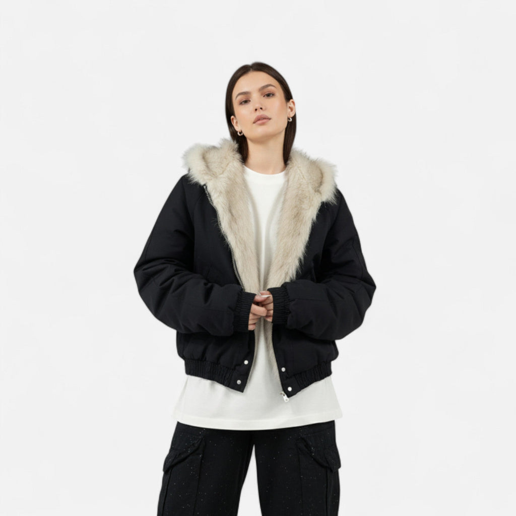NOUVEAU RICHE Damen Wintermantel Vintage – Mit Kapuze & Pelzkragen