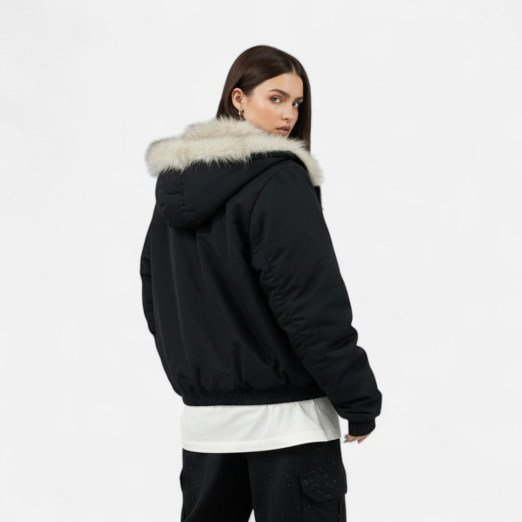 NOUVEAU RICHE Damen Wintermantel Vintage – Mit Kapuze & Pelzkragen