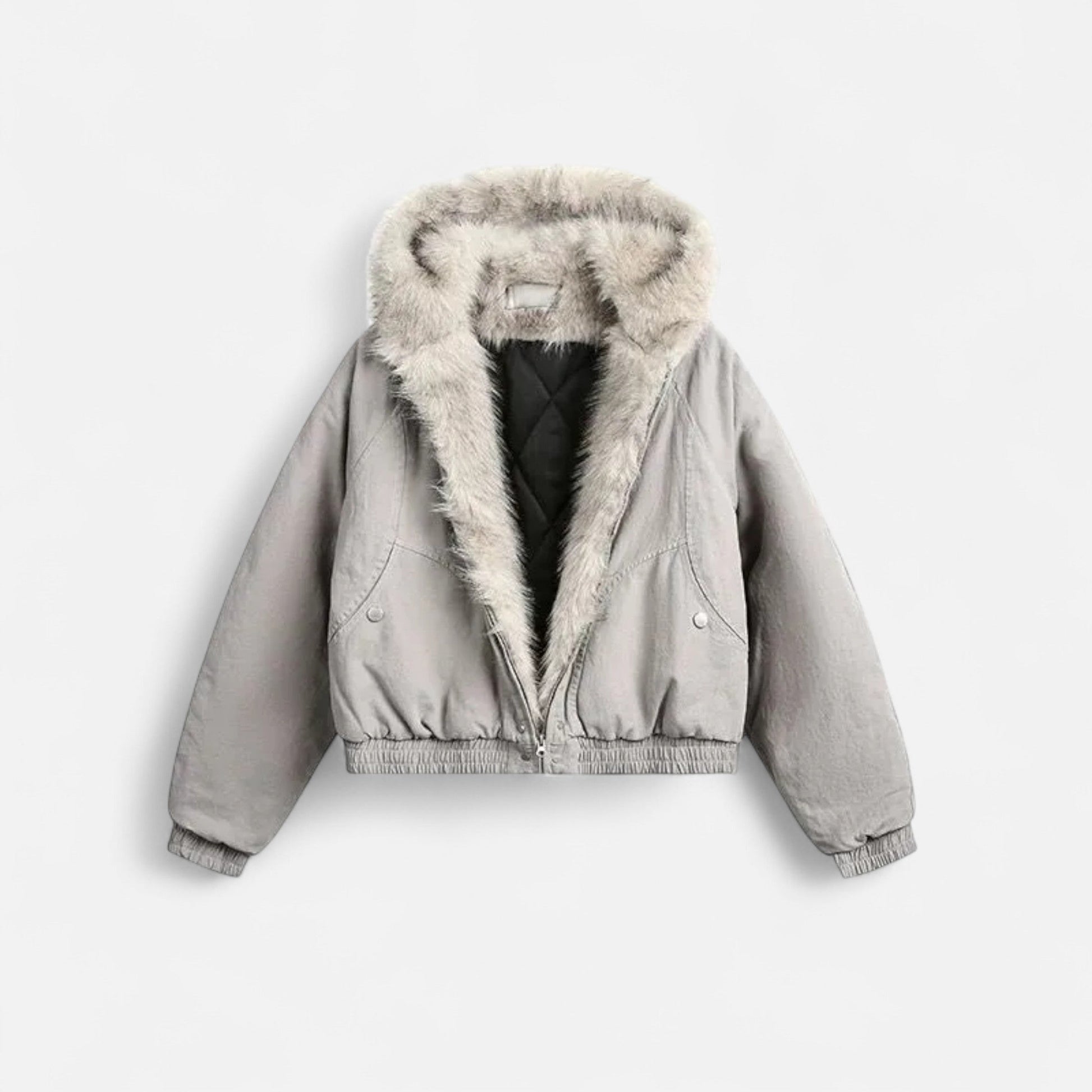 NOUVEAU RICHE Damen Wintermantel Vintage – Mit Kapuze & Pelzkragen Grau