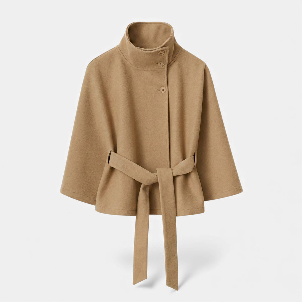 NOUVEAU RICHE Damen Cape-Mantel Kurz – Mit Gürtel & Elegante Silhouette Khaki