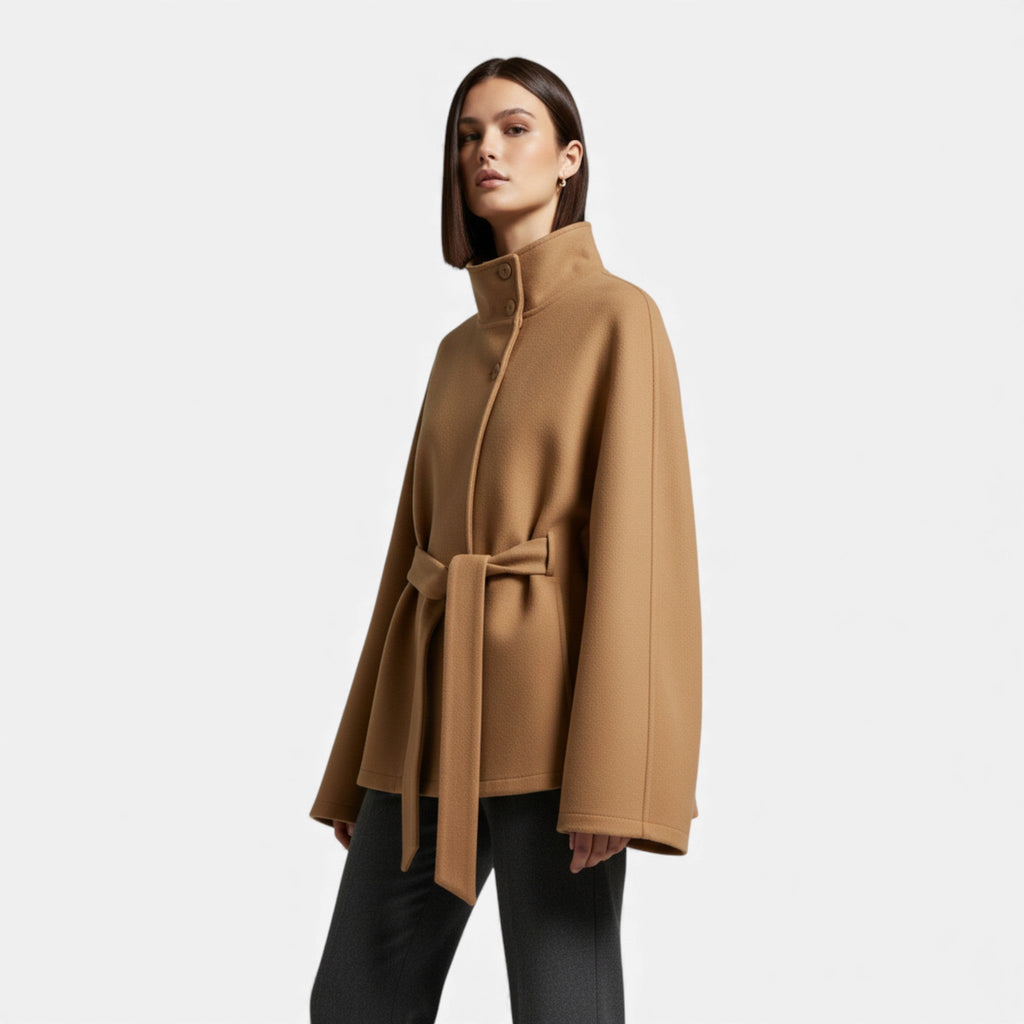 NOUVEAU RICHE Damen Cape-Mantel Kurz – Mit Gürtel & Elegante Silhouette