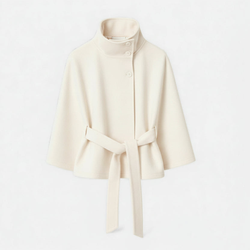 NOUVEAU RICHE Damen Cape-Mantel Kurz – Mit Gürtel & Elegante Silhouette Weiß