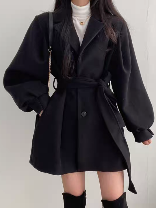 NOUVEAU RICHE Mantel Mit Reverskragen Puffärmeln Gürtel Lässig Vintage Schwarz
