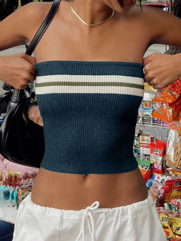 NOUVEAU RICHE Marineblaues Vintage Bandeau Crop Top Mit Streifen Sommer L