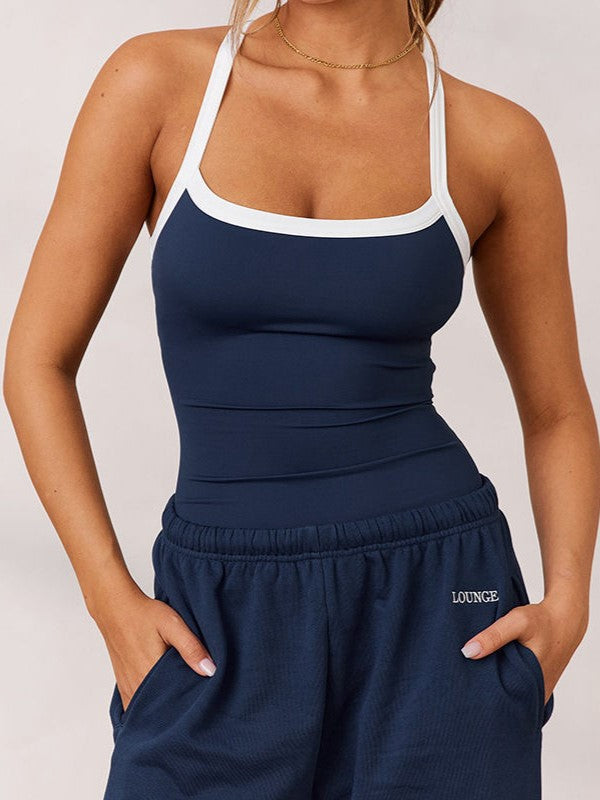 NOUVEAU RICHE Marineblaues Vintage-Haltertop Mit Patchwork-Details Polyester Ärmellos L