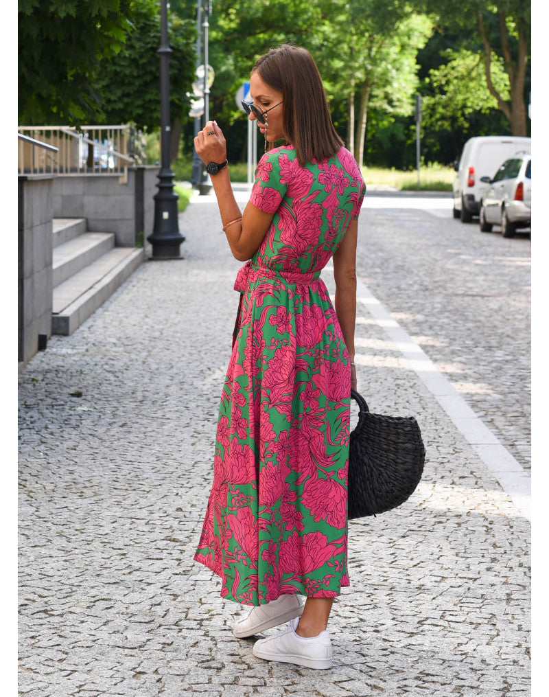NOUVEAU RICHE Dôre | Damen-Wickelkleid mit Blumenmuster und V-Ausschnitt | Midi Rosa