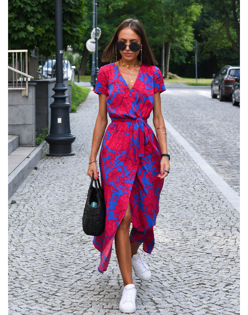 NOUVEAU RICHE Dôre | Damen-Wickelkleid mit Blumenmuster und V-Ausschnitt | Midi Rot Blau