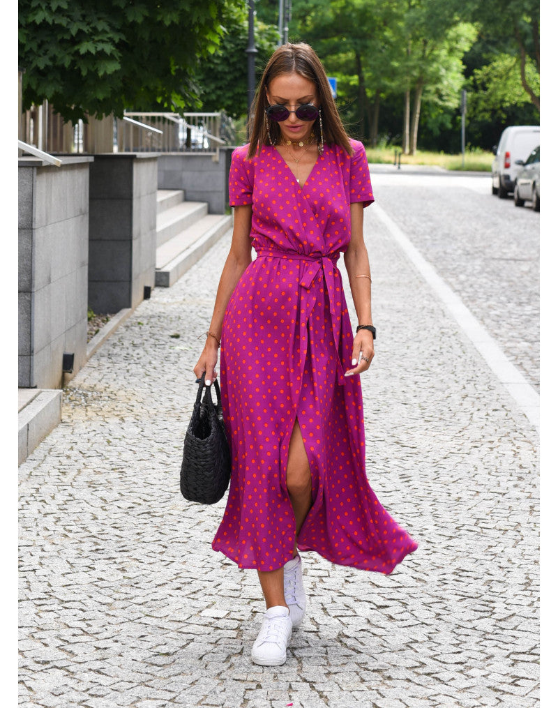 NOUVEAU RICHE Dôre | Damen-Wickelkleid mit Blumenmuster und V-Ausschnitt | Midi Roter Punkt